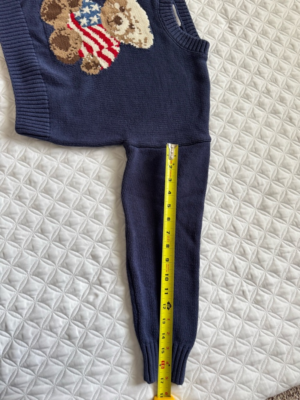 Grayson Threads Navy Blue Crewneck Cropped Sweater Teddy Bear USA Flag Size M - Picture 7 of 13